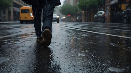 person walking in the rain - obrazy, fototapety, plakaty