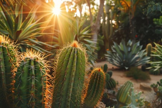 Golden Hour Glow A Captivating Display of Cacti and Desert Flora in the Enchanting Evening Light, Providing a Mesmerizing View of Natures Beauty.