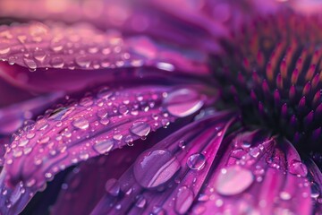 Obraz premium Close-Up of Raindrops Glistening on Purple Flower Petals in the Warm Sunlight, Macro Photography, Isolated on Vibrant Purple Background