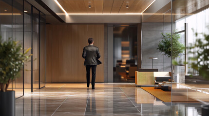 Office interior in a modern style with a man walking away from the camera, with brown, gray and orange colors and minimalist inter - obrazy, fototapety, plakaty