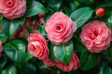Fototapeta premium Pink camellia flowers in full bloom with green leaves, isolated on a white background. Detailed close-up of vibrant pink petals and yellow stamen.