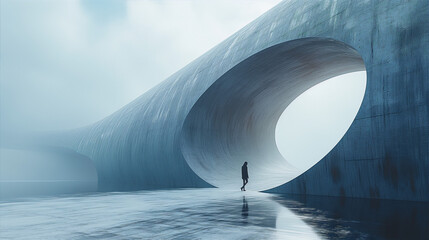 A lone figure stands before a massive concrete archway, bathed in ethereal mist, symbolizing mystery, exploration, and the unknown. 
