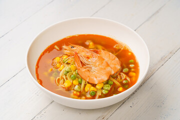 Special Chinese shrimp soup bamboo noodles on simple background