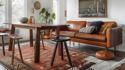 Mid-century modern stools in molded plastic, paired with a wooden dining table and a leather loveseat