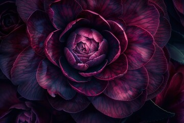 Extreme close up of a beautiful dark purple cabbage flower with intricate frilly petals and lush green foliage in the background