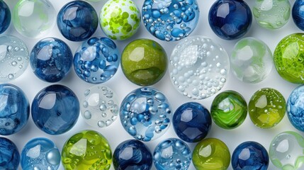 a close up of a bunch of different colored glass balls with drops of water on the top of the balls.