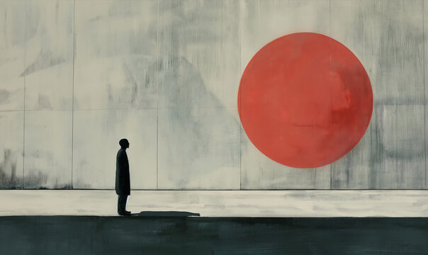 A lonely man wearing a trench coat stands in front of a large red circle painted on a concrete wall.