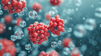 a bunch of red berries floating on top of a blue liquid filled with bubbles and bubbles floating on top of each other.