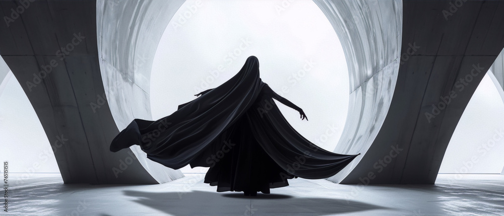 Wall mural black hooded figure standing in a large concrete structure with large round openings, dark interior  - Wall murals