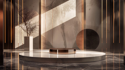 Modern minimalist interior design with geometric shapes and natural light, perfect for product display or branding. 
