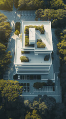 An aerial view of a modern office building with a green roof, surrounded by trees, done in the style of architectural photography,