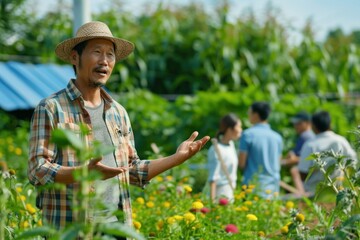 Asian male farmer providing a comprehensive explanation on a wide variety of plants to a diverse group in a lush, green garden setting.