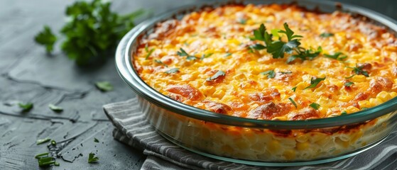 A Close-up of a freshly baked golden corn casserole in a glass dish - obrazy, fototapety, plakaty