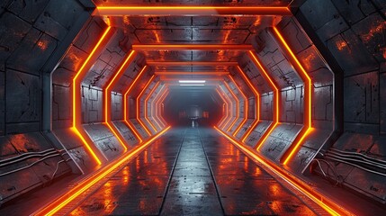 A conceptual corridor representing data stream with glowing orange cracks running along the futuristic structures surface - obrazy, fototapety, plakaty