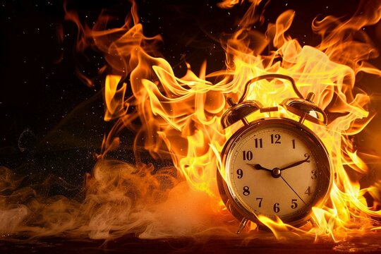 A Conceptual image of an alarm clock engulfed in flames