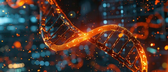 A DNA helix in a high-tech lab setting glowing orange