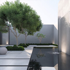 A modern minimalist courtyard with a reflecting pool, trees, and a stone sculpture, featuring a neutral color palette and clean li - obrazy, fototapety, plakaty