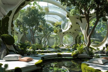 A Futuristic bio-dome housing lush gardens and eco-friendly living spaces in a sci-fi setting.