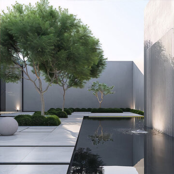 A modern minimalist courtyard with a reflecting pool, trees, and a stone sculpture, featuring a neutral color palette and clean li