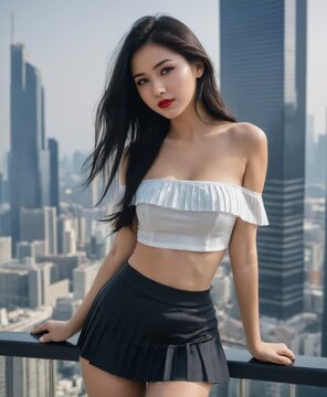 asian woman in a short skirt posing for a picture in front of a cityscape 