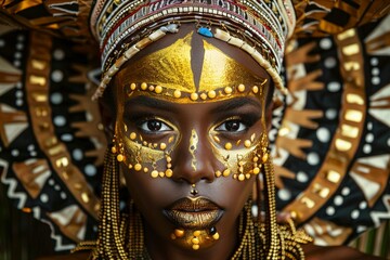 A Portrait of a regal woman adorned with golden face paint and headpiece