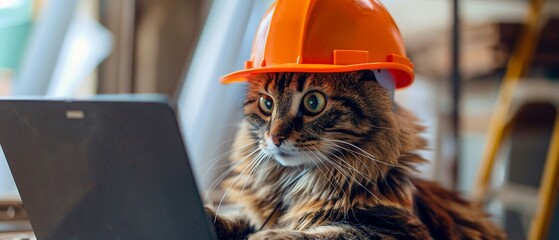 A professional cat in an orange hard hat attentively working on a laptop