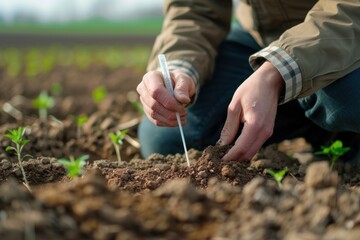 Male agronomist checking soil condition in agricultural field for spring seed planting, using soil probe to measure moisture and compaction