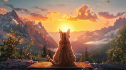 A serene scene of a ginger cat meditating on a mat against the backdrop of a tranquil mountain landscape at sunset.