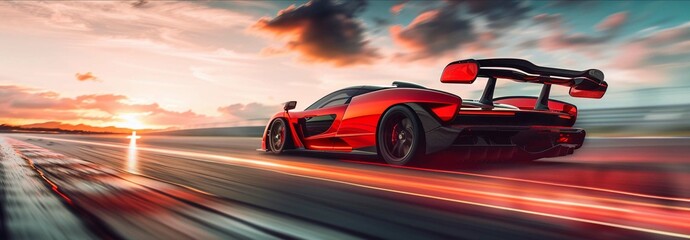 A sleek red and black sports car in dynamic motion blur racing on a track - obrazy, fototapety, plakaty