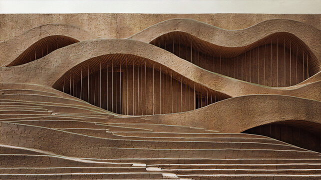 Bas-relief in clay with an abstract pattern of waves in the Art Nouveau style, the interior of the building