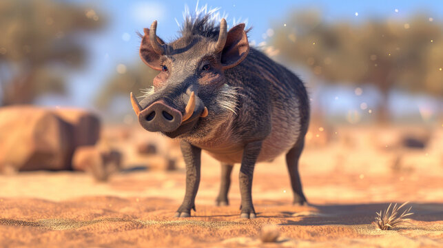 a warthog standing in the middle of a desert with other warthogs in the back ground.