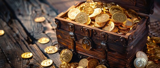 A treasure chest overflowing with gold coins in an old wooden setting