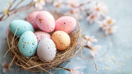 Obraz premium Colorful small easter eggs. Pastel tones. Spring design element