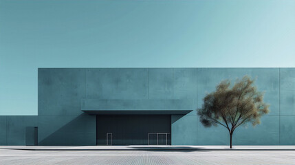The image is in the art category of architecture and the art style is modern. The main subject is a blue concrete building with a  - obrazy, fototapety, plakaty