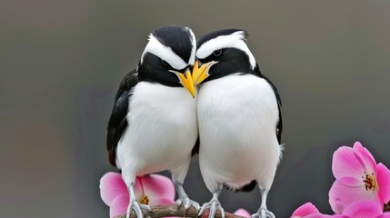 Naklejka premium two birds standing next to each other on a branch with pink flowers in the foreground and a gray background.