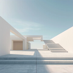 The image is of a minimalist architectural structure with a staircase leading up to a platform, rendered in a 3D software and mini