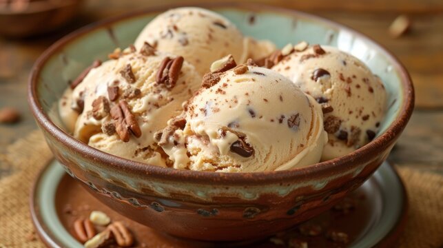 three scoops of ice cream in a bowl with pecans and pecans on the side of the bowl.