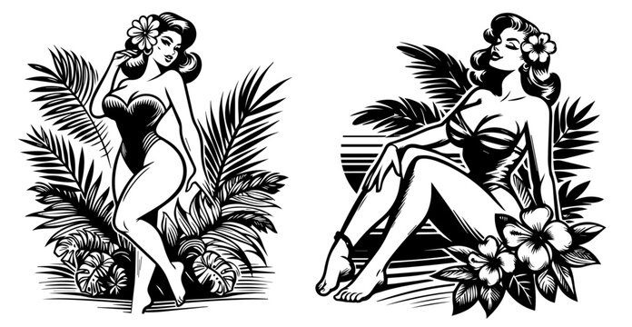 pin-up girls against palm leaves and flowers in beachwear, nocolor vector illustration silhouette for laser cutting cnc, engraving, black shape decoration vintage retro woman