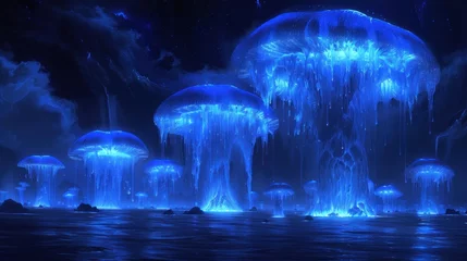 Fotobehang a group of blue jellyfish floating in the ocean next to rocks and a body of water under a night sky with stars and clouds. © Alice