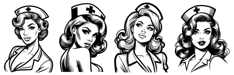 pin-up nurse with vintage charm and care, nocolor vector illustration silhouette for laser cutting cnc, engraving, black shape decoration retro woman
