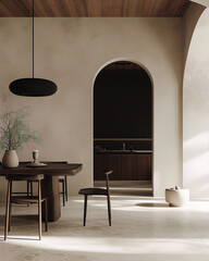 Minimalist interior design in warm neutral colors with natural textures and curved shapes