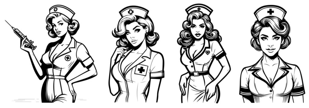 pin-up girl nurse with a touch of vintage charm, nocolor vector illustration silhouette for laser cutting cnc, engraving, black shape decoration