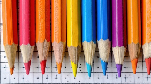 a row of colored pencils sitting next to each other on top of a sheet of paper with numbers on it.