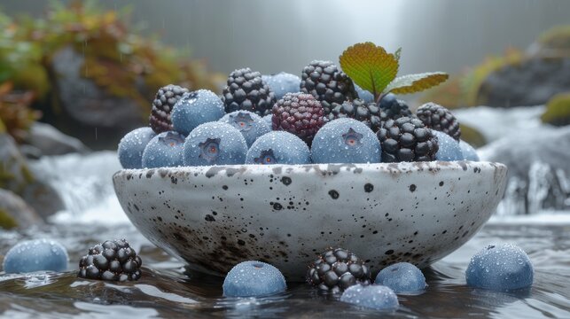 a white bowl filled with lots of blackberries and blueberries on top of a table next to a waterfall.