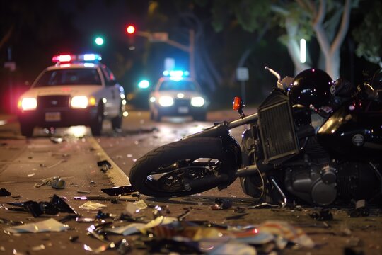 Traffic accident. Crashed motorcycle and car on city street