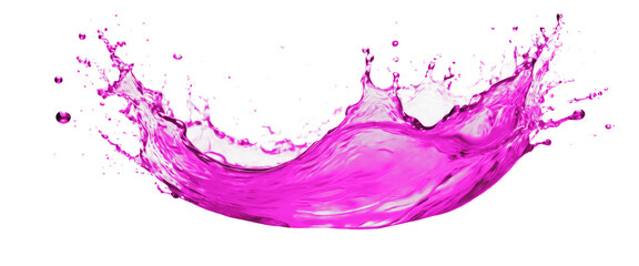 Splash of lilac water with small bubbles isolated on a transparent and white background. PNG. The liquid flows in the form of a wave.