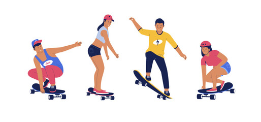 Fototapeta na wymiar Set of modern skaters jumping with skateboards. Character with skateboard jumping vector illustration