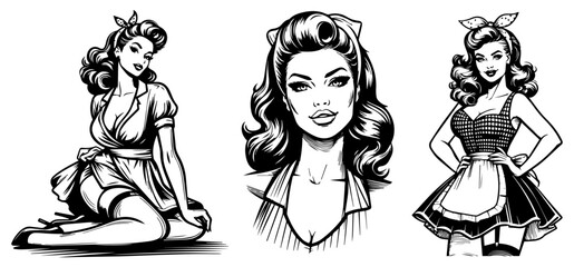 pin-up girl as a vintage housewife, domestic charm, nocolor vector illustration silhouette for laser cutting cnc, engraving, black shape decoration