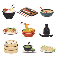 Vector traditional China cuisine dishes, noodle, soup and vegetables, dumplings and sushi
