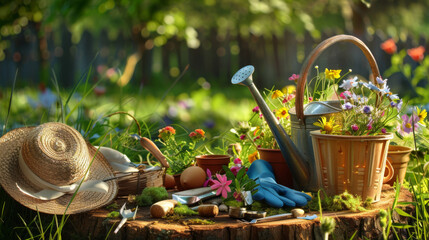 A quaint gardening set with a wicker basket and colorful blooms is arranged on a tree stump.
